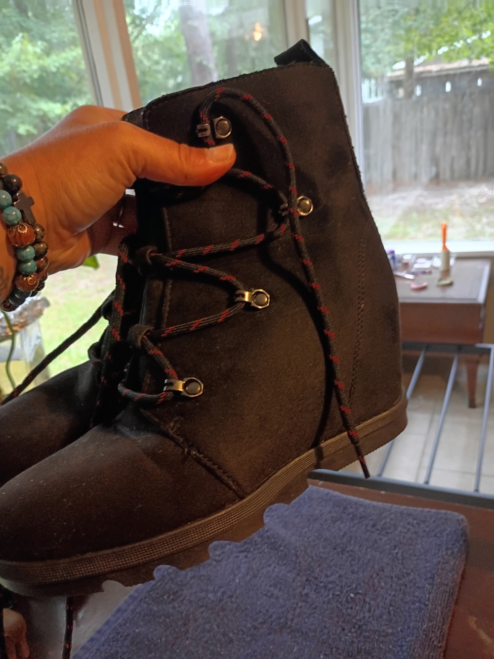 Serra Black Ankle Lace-Up Wedge Boots with Red-Trim Laces
